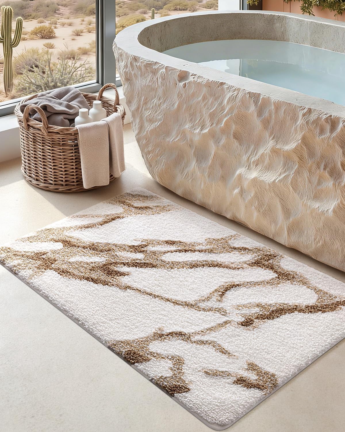 Bathroom Rug Mat 24x36, Soft and Absorbent Marble Bath Mat, Non Slip Machine Washable Bath Rugs for Shower Floor, Tub, Sink, White and Beige