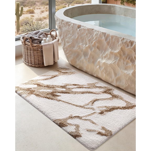 Bathroom Rug Mat 24x36, Soft and Absorbent Marble Bath Mat, Non Slip Machine Washable Bath Rugs for Shower Floor, Tub, Sink, White and Beige