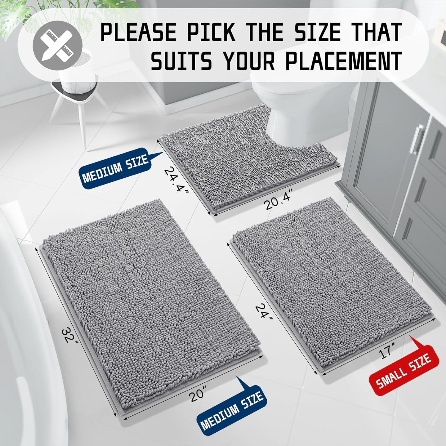 Bathroom Rug Mat, 32'' X 20'', Luxury Chenille Shaggy Bath Rugs, Extra