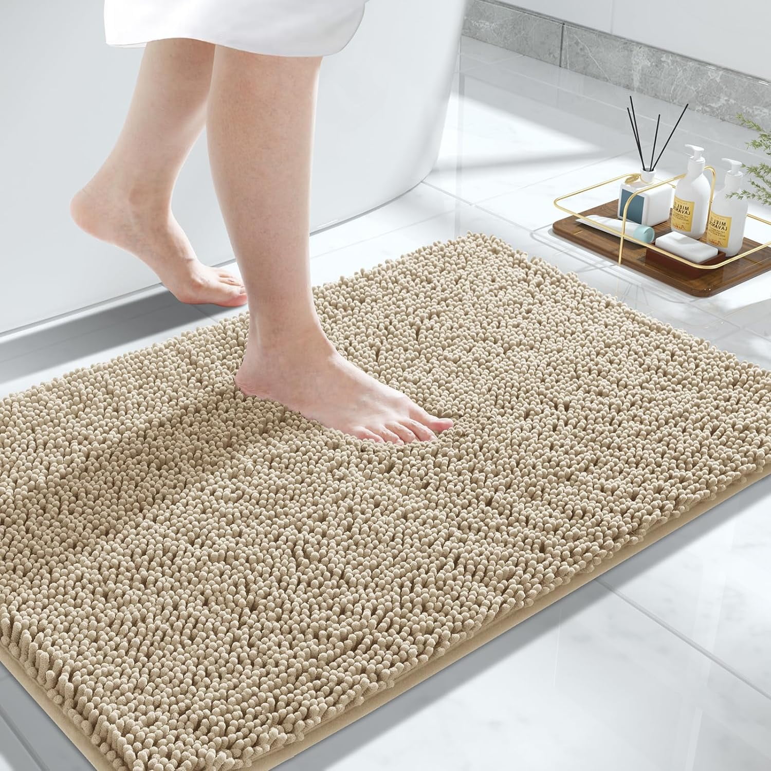 Bathroom Rug Mat, 32'' x 20'', Luxury Chenille Shaggy Bath Rugs, Extra Soft & Thick, Absorbent Water, Non-Slip, Machine Washable, Bath Mats for Bath Floor,Tub and Shower, Camel