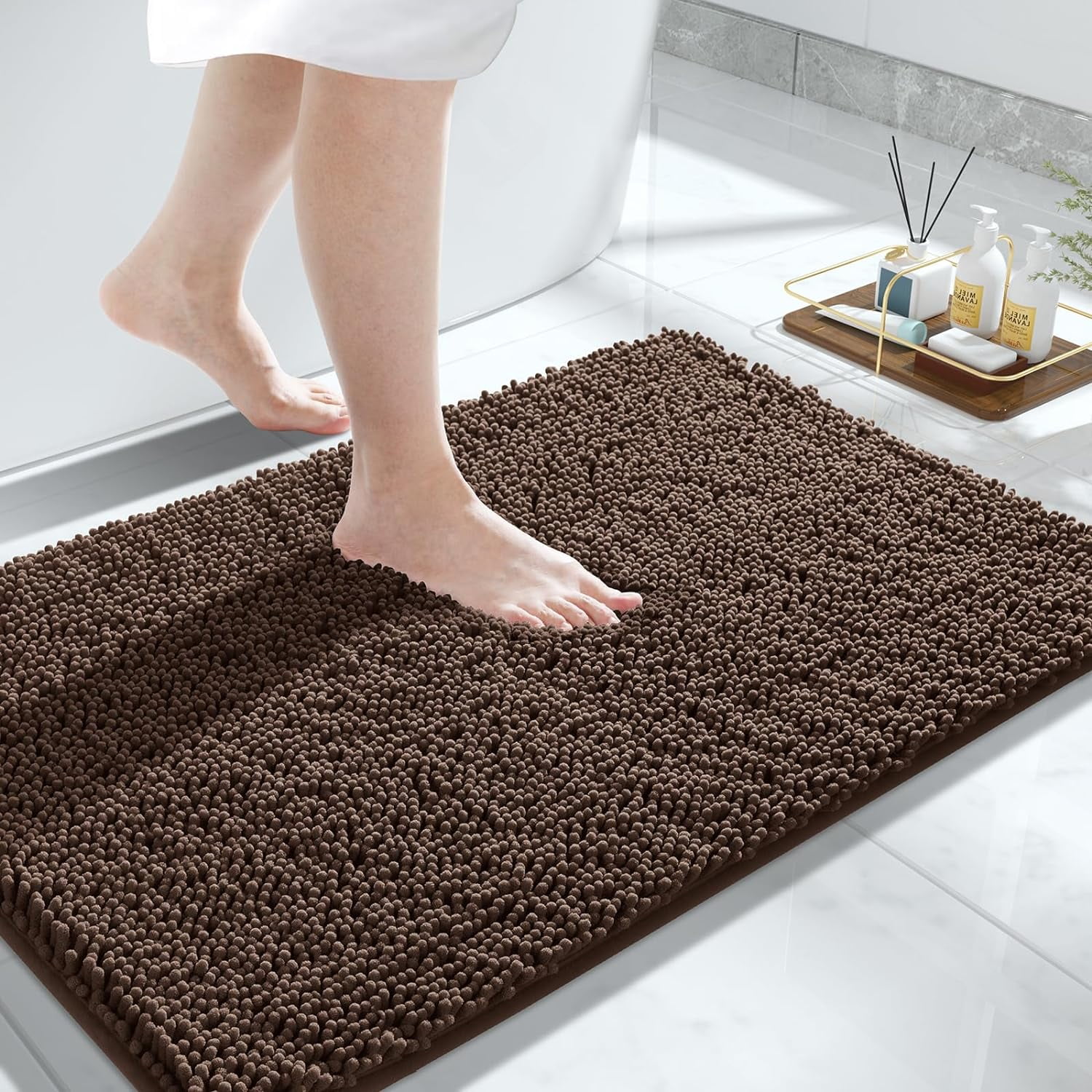 Bathroom Rug Mat, 32'' x 20'', Luxury Chenille Shaggy Bath Rugs, Extra Soft & Thick, Absorbent Water, Non-Slip, Machine Washable, Bath Mats for Bath Floor,Tub and Shower, Brown