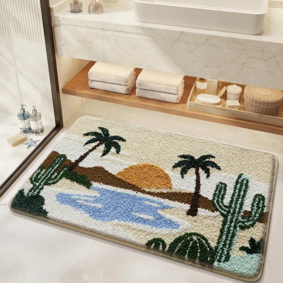 Bathroom Rug Mat Desert Oasis Sunset 20x31, Ultra Absorbent Microfiber Shaggy Door Mat with Cactus & Palm Tree, Quick Dry Bath Rug Carpet for Toilet Bathtub Bedroom