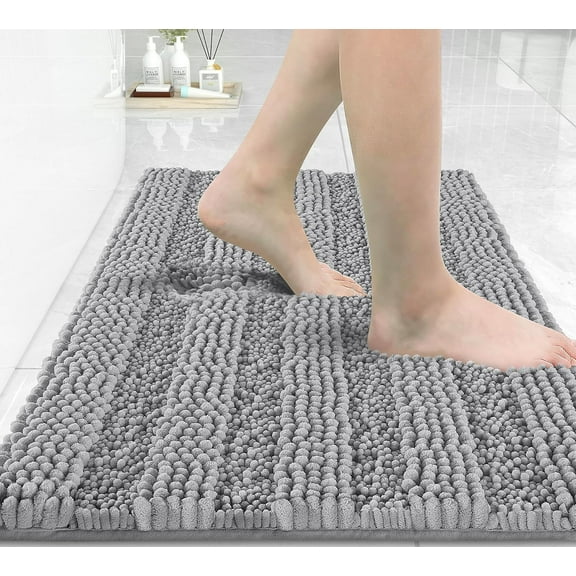 Bathroom Rug Mat, Extra Thick and Super Absorbent Bath Rugs, Non Slip Quick Dry Bath Mats, Luxury Microfiber Chenille Plush Fluffy Washable Soft Shower Carpet for Floor, 32" x 20", Light Grey