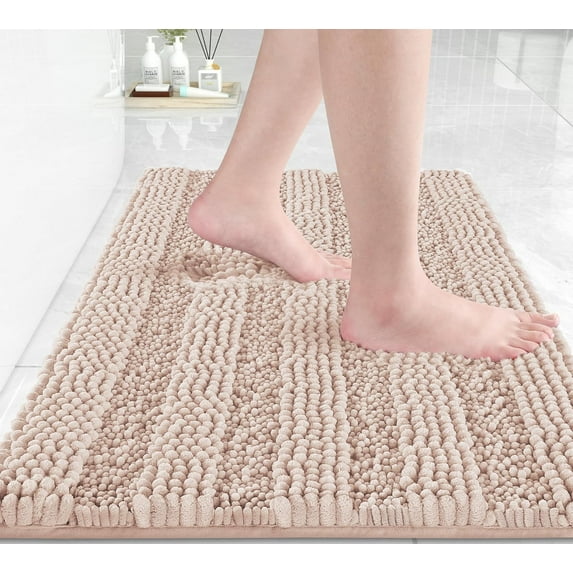 Bathroom Rug Mat, Non Slip Quick Dry Bath Mats, Extra Thick And Super Absorbent Bath Rugs, Luxury Microfiber Chenille Plush Fluffy Washable Soft Shower mat for Floor, 32"x 20", Beige with Pink