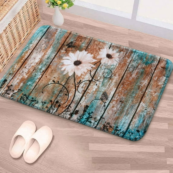 Bathroom Rug Mat, Rustic Bathroom Rug, Super Soft and Absorbent Shaggy Plush Flowers Bath Rugs, Carpet Mats for Shower, Rustic Wooden and White Floral Bathroom Mat, 24''''X16''''