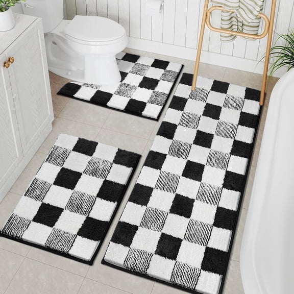 Bathroom Rugs, Yamaziot Checkered Bath Rugs Set 3, Non Slip Absorbent Bathroom Runner with Toilet Cover Mat, Washable Extra Soft Microfiber Floor Carpet