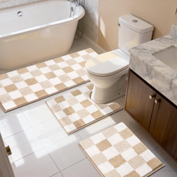 Bathroom Rugs, Yamaziot Checkered Beige Bath Rugs Runner with Toilet Mat, Non Slip Water Absorbent Microfiber, 3 Count