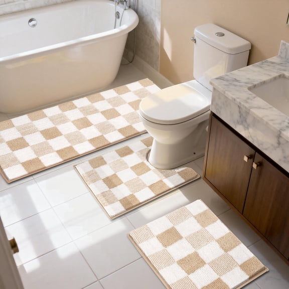 Bathroom Rugs, Yamaziot Checkered Beige Bath Rugs Runner with Toilet Mat, Non Slip Water Absorbent Microfiber, 3 Count