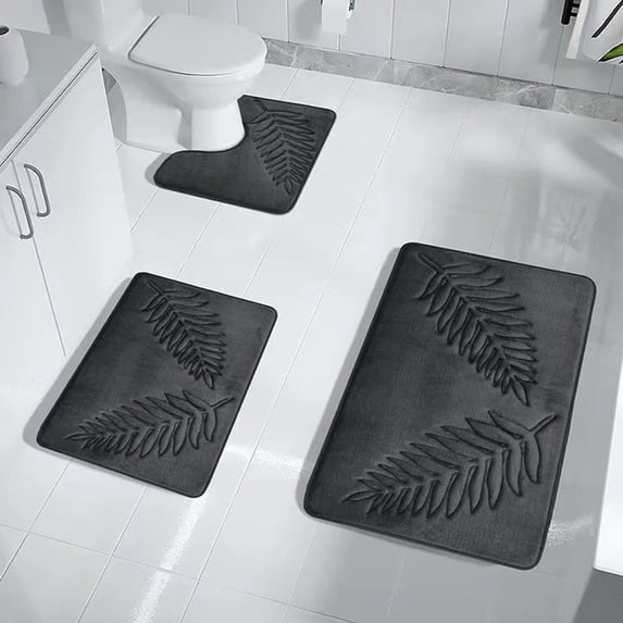 Bathroom Rug Mat Set 3 Piece, Leaf Bath Mat Non-Slip Ultra Soft Carpet Mats,,Machine Washable,Absorbent with U-Shaped Toilet for Bathroom, Tub, Shower, Dark Gray