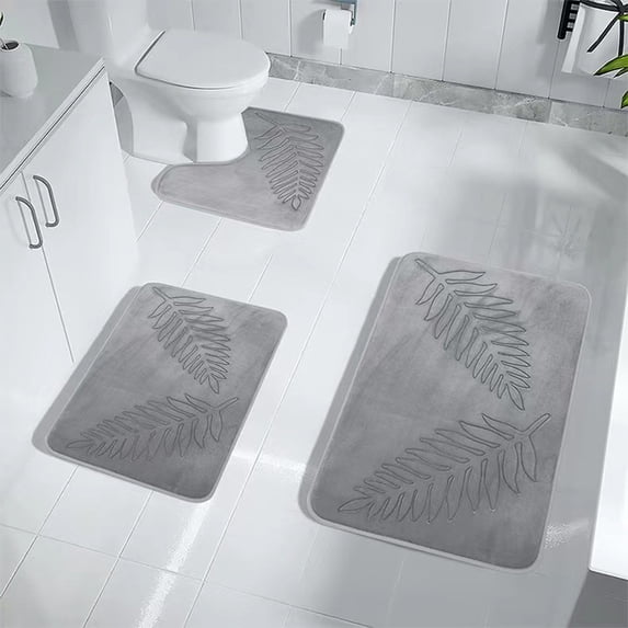 Bathroom Rug Mat Set 3 Piece, Leaf Bath Mat Non-Slip Ultra Soft Carpet Mats,,Machine Washable,Absorbent with U-Shaped Toilet for Bathroom, Tub, Shower, Gray