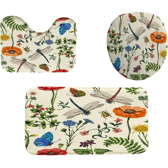 Bathroom Rug Mat Set 3 Piece,Summer Botanical Flowers Butterflies Dragonflies Memory Foam Bath Set,Non-Slip Ultra Soft Carpet Mats,Absorbent with U-Shaped Toilet for Bathroom,Tub,Shower