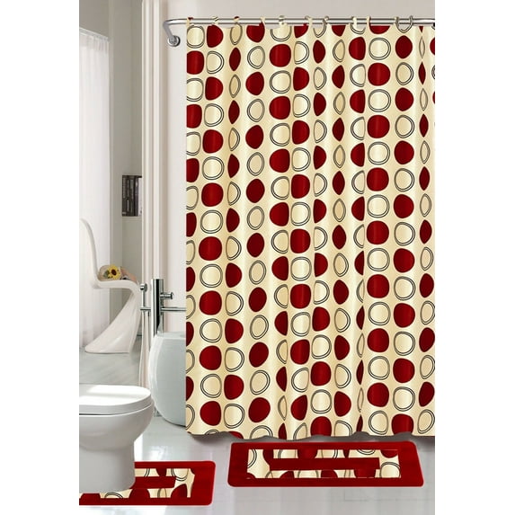 Bathroom Rug, Mat with Shower Curtian Set Dotted Red Print Design Soft Chenille Washable Rubber Backing Anti Slip Includes 15pc : 2 Bath Rug /Mat + 1 Shower Curtain + 12pc Rings Covered