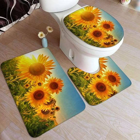 Bathroom Rug Mats Set 3 Piece Sunflower Soft Comfort Flannel Non-Slip Bath Mat + U Contour Rug + Toilet Lid Cover