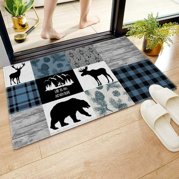 Bathroom Rug,Non-Slip Bath Mat,Bear Dear Blue Background,Soft Absorbent Floor Mat,Machine Washable,18 x 30 in