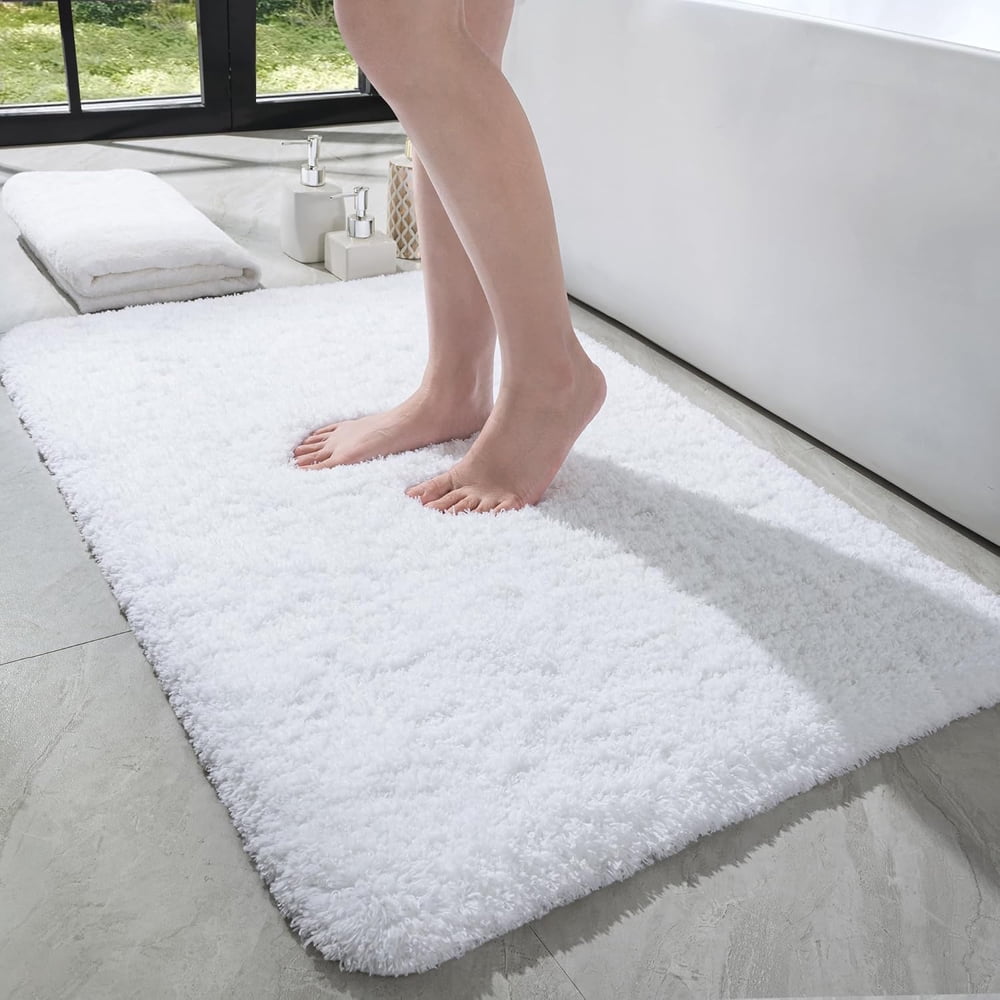 Bathroom Rug Non-Slip White Soft Furry Microfiber Bath Mats 28"x18" Absorbent Rugs for Bathtub Shower Room