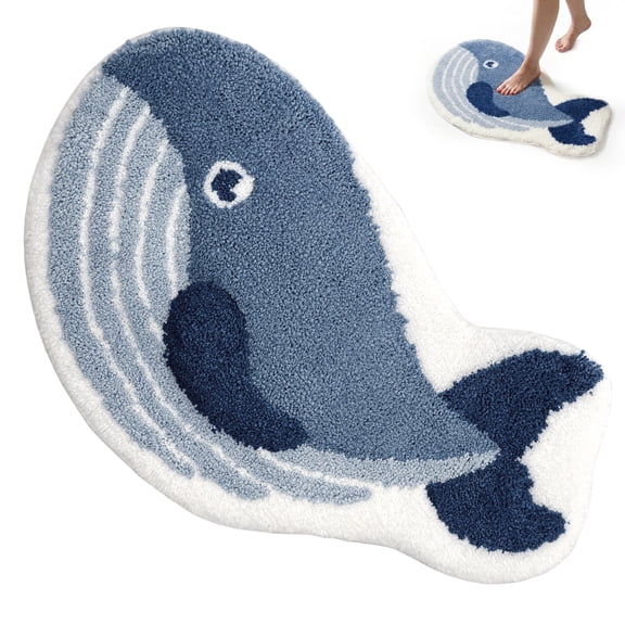 Whale Bathroom Rug, Plush Animal Bath Mat, Non-Slip TPR Backing, Absorbent Ocean Theme Decor, 17.7" x 27.5", Blue