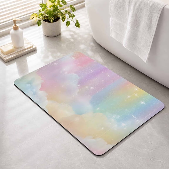 Bathroom Rug Rainbow Clouds Water Absorbent Non-Slip Bath Mat, Washable Quick-Dry Bathroom Floor Mat for Bathtub, Shower, Sink 16" x 24" Fancy Color Sparkling Children's Fun
