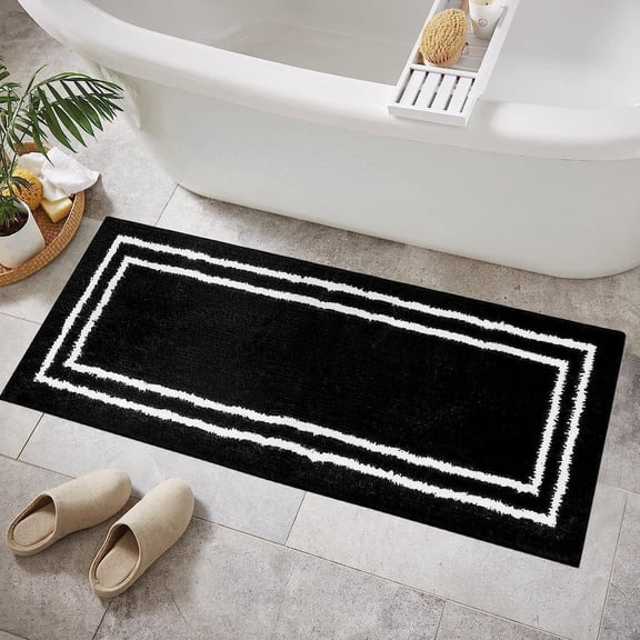 Bathroom Rug Runner, Fluffy Comfy Microfiber Bath Mat for Tub, Non Skid Washable Absorbent Bath Rug Runner, Modern Geometric Black Shower Mat for Bathroom Tub Shower, 18x47 inch