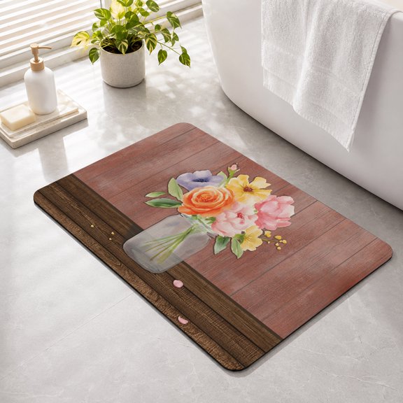 Bathroom Rug Rustic Floral Petal Bouquet Water Absorbent Non-Slip Bath Mat, Washable Quick-Dry Bathroom Floor Mat for Bathtub, Shower, Sink 16" x 24" Boho Wood Plank Vase Pink Yellow