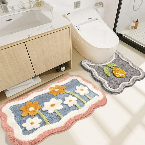 Bathroom Rug Set 2 Pcs, Soft Pink Cute Bath Mat and U-Shaped Contour Toilet Rug, Absorbent Microfiber Plush Bath Rug Set, Non-Slip Bath Carpet