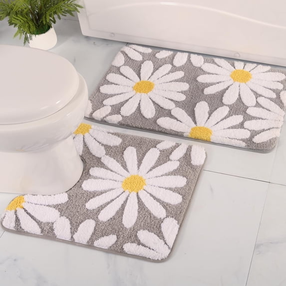 Bathroom Rug Set 2 Piece Cute Bath Mat Gray Toilet U Shaped Flower ...
