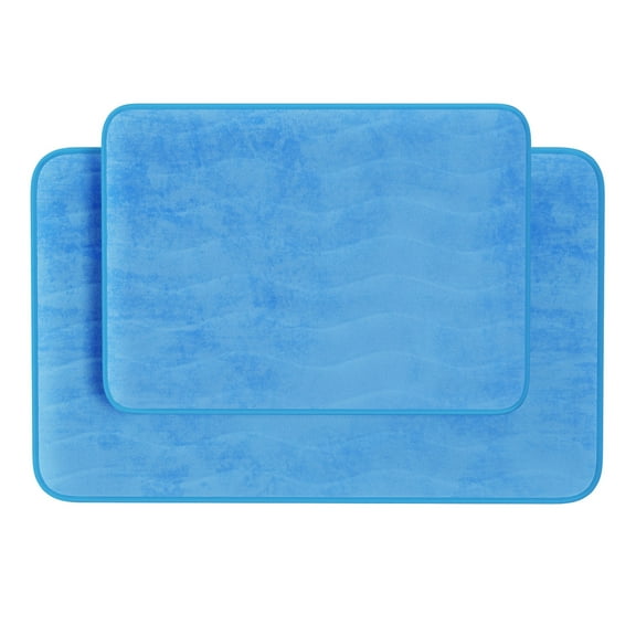 Bathroom Rug Set- 2-Piece Memory Foam Bath Mats- Wavy Microfiber Top-Non-Slip Absorbent Runner for Shower, Tub, Sink, or Kitchen by Somerset Home (Blue)