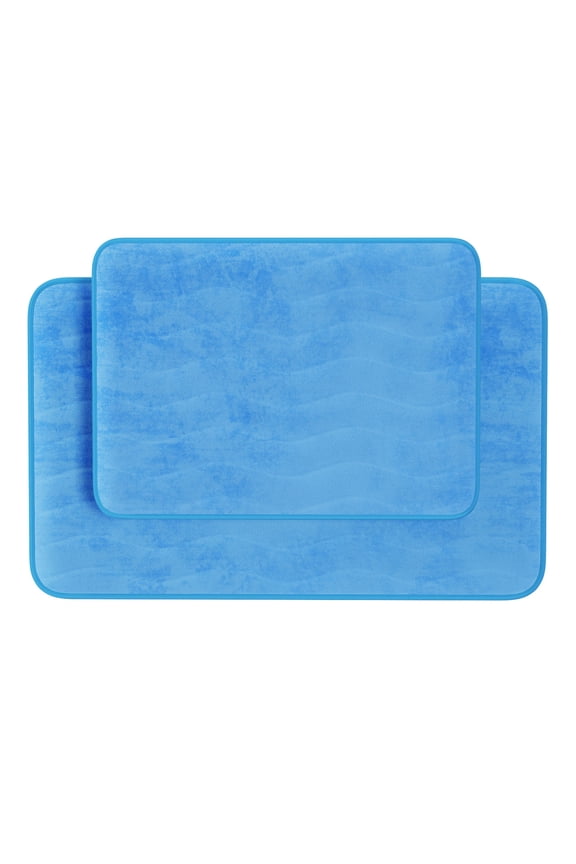 Bathroom Rug Set- 2-Piece Memory Foam Bath Mats- Wavy Microfiber Top-Non-Slip Absorbent Runner for Shower, Tub, Sink, or Kitchen by Somerset Home (Blue)
