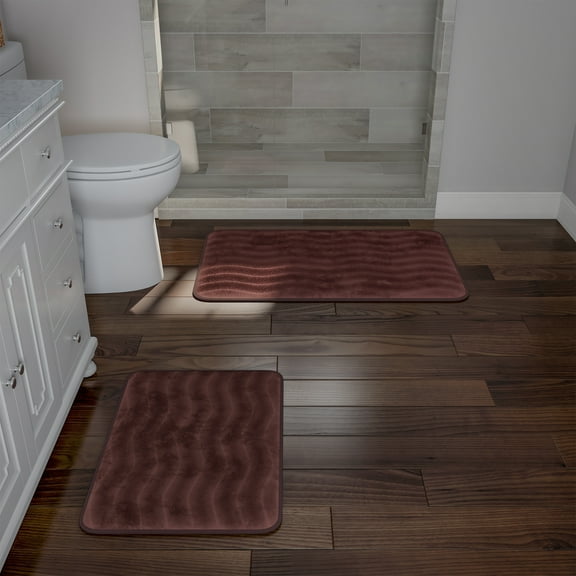Bathroom Rug Set- 2-Piece Memory Foam Bath Mats-Wavy Microfiber Top-Non-Slip Absorbent Runner for Shower, Tub, Sink, or Kitchen by Somerset Home (Brown)