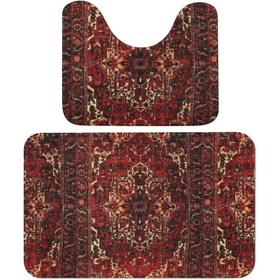 Bathroom Rug Set 2 Piece Oriental Rug Design in Dark Red Bath Rugs and U-Shaped Contour Toilet Rug, Non-Slip Bath Carpet Bath Mats for Bathroom 15.7"x23.6"