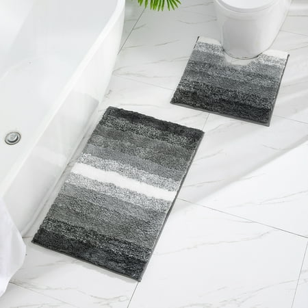 Bathroom Rug Set 2 Piece, Soft Absorbent Microfiber Bath Rugs and U-Shaped Contour Toilet Rug, Non-Slip Bath Carpet, Machine Wash Dry, Luxury Bath Mats for Bathroom (32"x20"+20"x20", Grey)