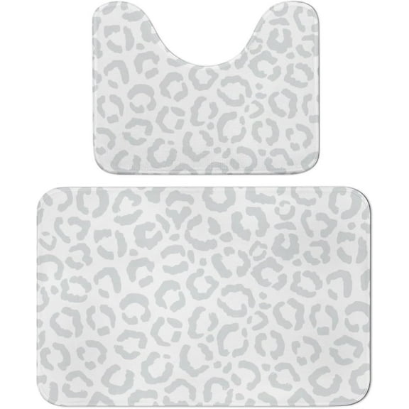 Bathroom Rug Set 2 Piece White Gray Leopard Cheetah Animal Print Bath Rugs and U-Shaped Contour Toilet Rug, Non-Slip Bath Carpet Bath Mats for Bathroom 15.7"x23.6"
