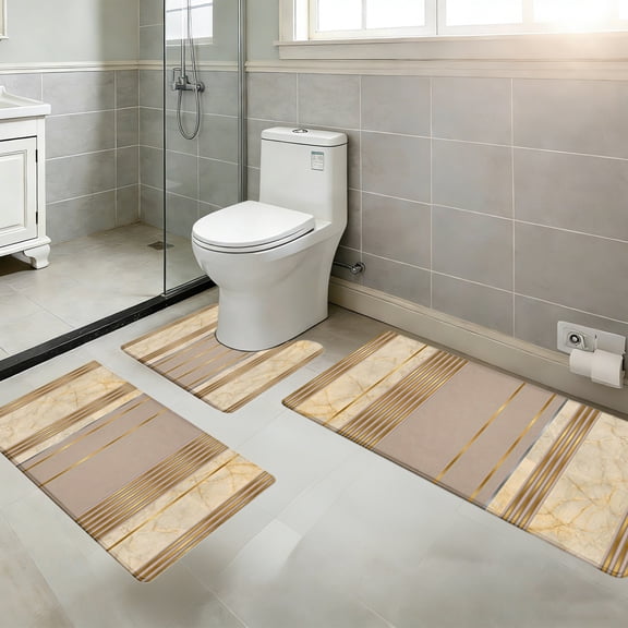 Bathroom Rug Set 3 Piece Gold, 47 Inch Non Slip Rubber Toilet Mat Set, Super Absorbent Washable Bath Mats for Shower Room, Home or Hotel