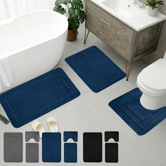 Bathroom Rug Set 3 Piece Large Non Slip Bath Mat Set with Toilet Rugs, Soft Absorbent Memory Foam, Machine Washable, Blue Gray