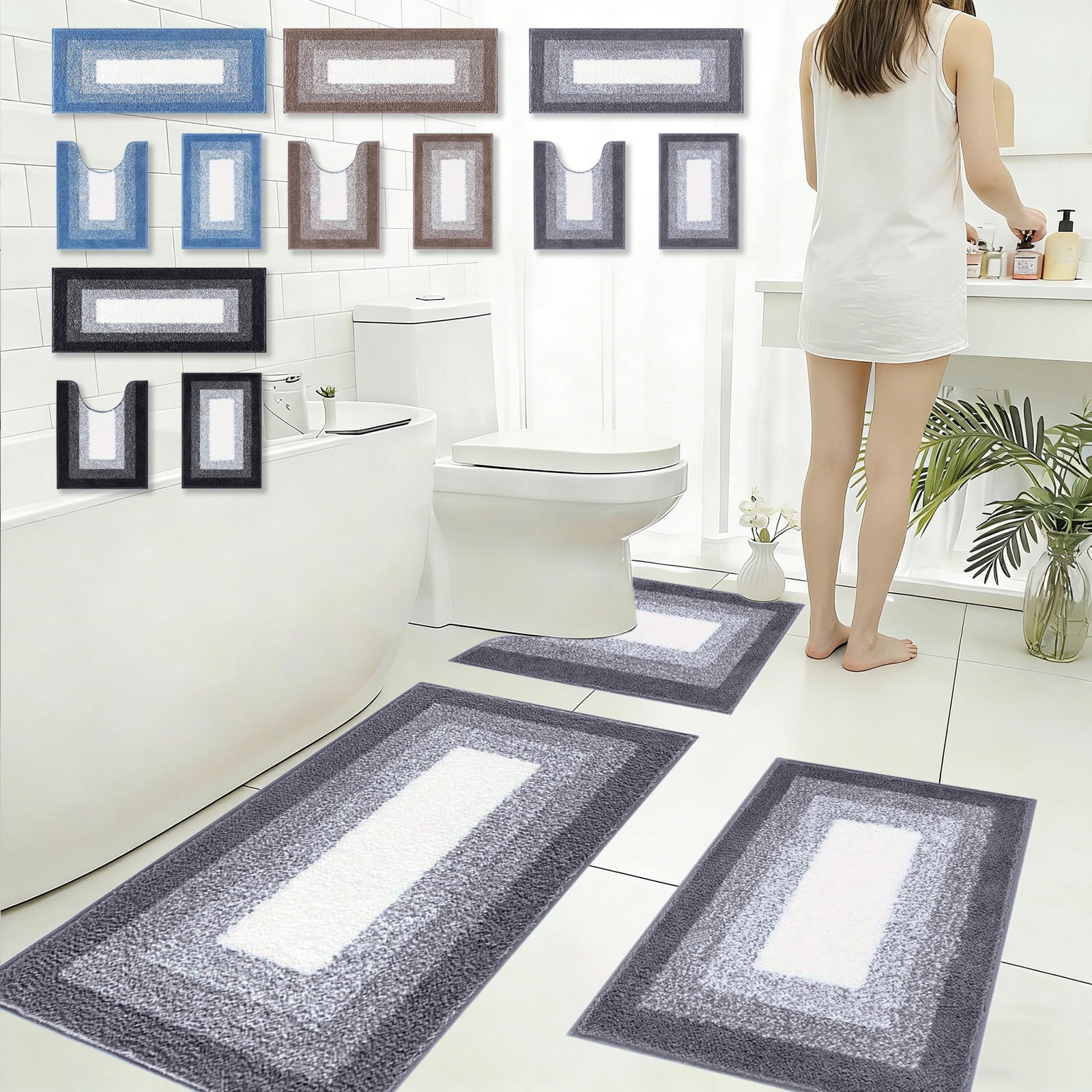 Bathroom Rug Set 3 Piece Microfiber Contour Mats Soft Absorbent Non ...