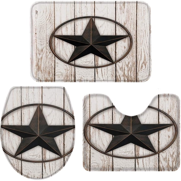 Bathroom Rug Set 3 Piece Rustic Western Texas Star Backing Bathroom Mat Wooden Board Anti-Skid U-Shape Contoured Toilet Mat