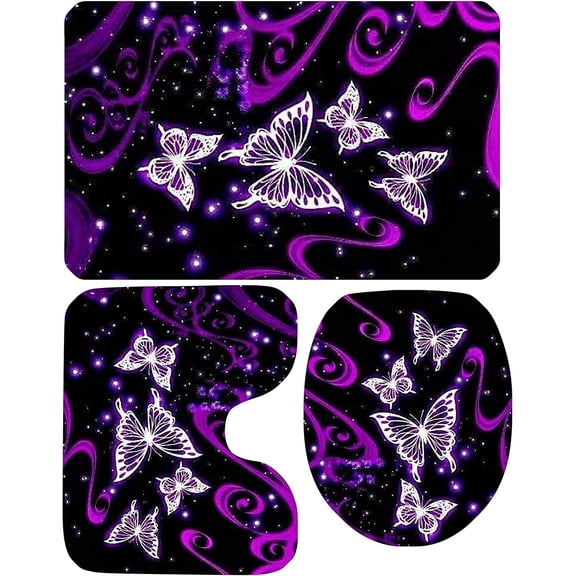 Bathroom Rug Set 3 Piece with Butterfly Print Bath Rug+Contour Mat+Toilet Lid Cover for Home Decorative