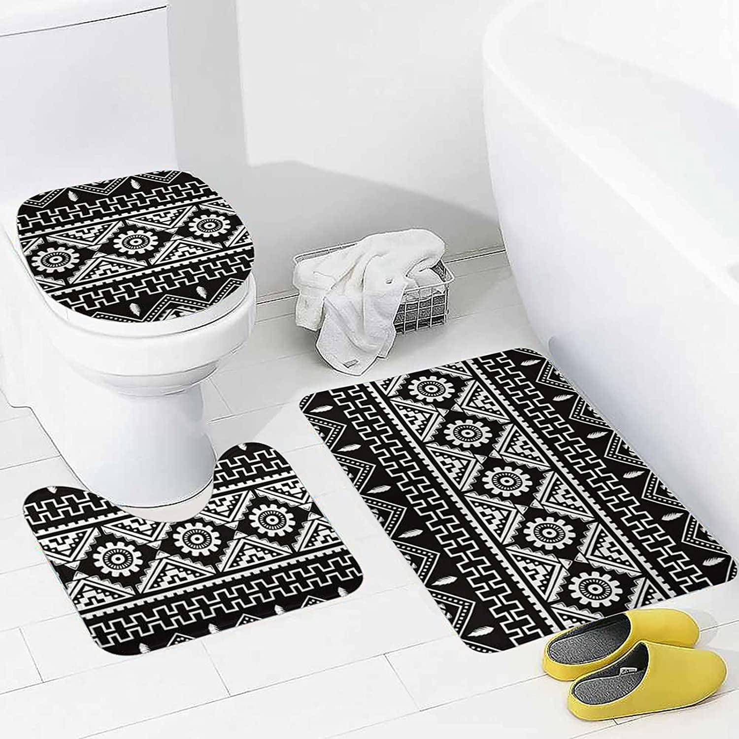 Bathroom Rug Set 3 Pieces Black White Ethnic Boho Style Non-Slip Soft ...
