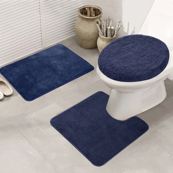 Bathroom Rug Set, 3 Pieces Shaggy Soft Non-Slip Mats Absorbent Toilet Mat,Rectangular Area Rug, U-Shaped Bath Mat, Elongated Toilet Lid Cover (Blue)