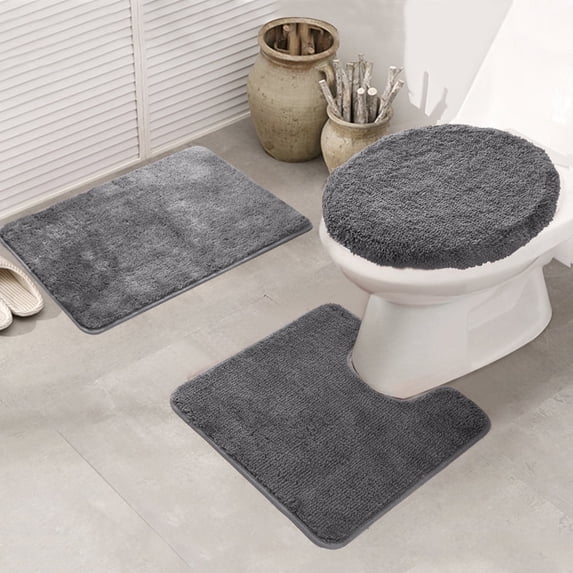 Bathroom Rug Set, 3 Pieces Shaggy Soft Non-Slip Mats Absorbent Toilet Mat,Rectangular Area Rug, U-Shaped Bath Mat, Elongated Toilet Lid Cover (Grey)