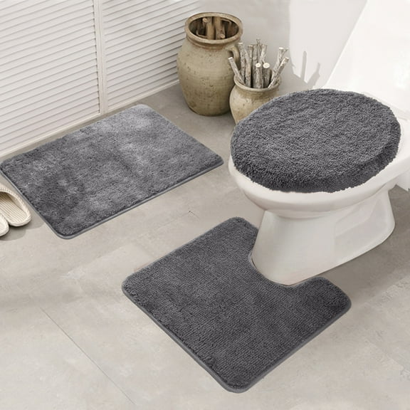 Bathroom Rug Set, 3 Pieces Shaggy Soft Non-Slip Mats Absorbent Toilet Mat,Rectangular Area Rug, U-Shaped Bath Mat, Elongated Toilet Lid Cover (Grey)