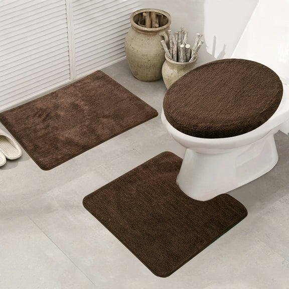 Bathroom Rug Set, 3 Pieces Shaggy Soft Polyester Non-Slip Mats Absorbent Toilet Mat,Rectangular Area Rug, U-Shaped Bath Mat, Elongated Toilet Lid Cover (Brown)