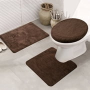 Bathroom Rug Set, 3 Pieces Shaggy Soft Polyester Non-Slip Mats Absorbent Toilet Mat,Rectangular Area Rug, U-Shaped Bath Mat, Elongated Toilet Lid Cover Brown