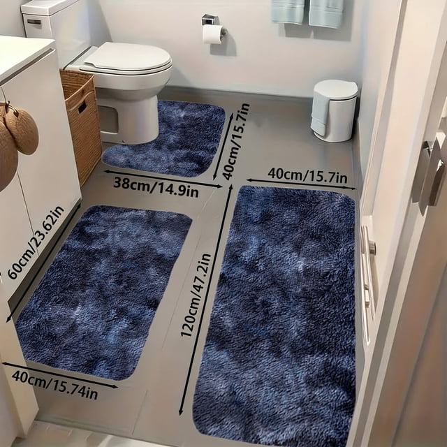 Bathroom Rug Set 3-piece - Non-slip Backing, Ultra-absorbent Velvet, Modern Dark Blue, Complete Toilet and Shower Mat Collection for Safety and Comfort, topliu