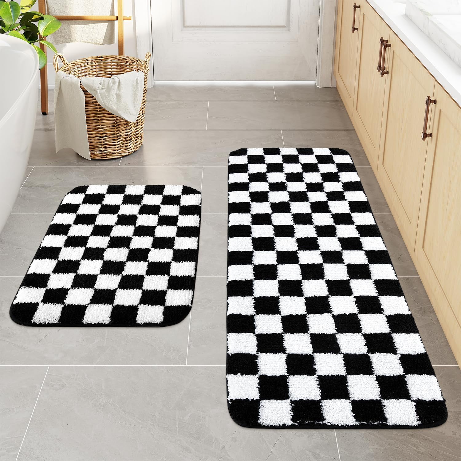 Bathroom Rug Set, Black And White Checkerboard Bathroom Runners, Non