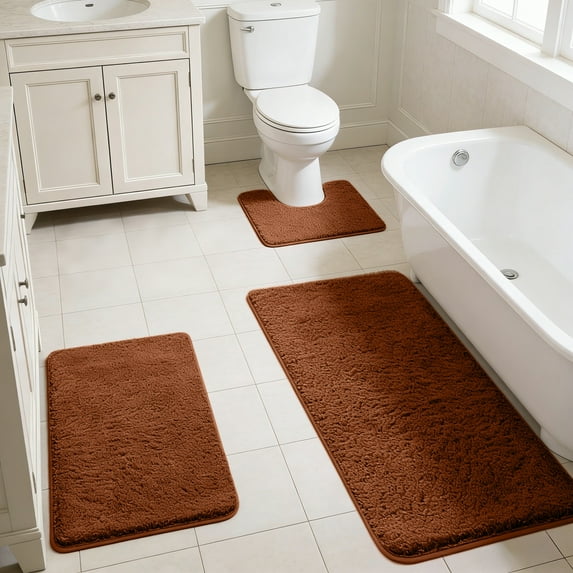 Bathroom Rug Set Memory Foam Bath Mats 3PC Water Absorbent, Non-Slip Machine Washable Home Decor Accessories Brown