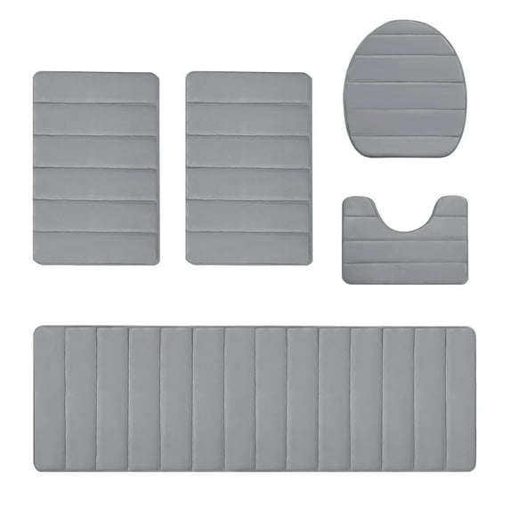 Bathroom Rug Set, Non Slip Bathroom Mats, 5-Piece Soft Water Absorbent Washable Bath Mat Collection, Modern Style, Large and Comfortable, Dark Gray and Gray