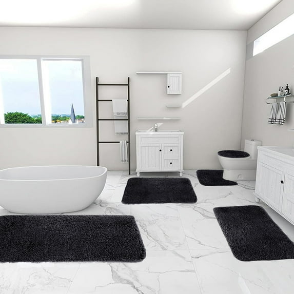 Bathroom Rug Set, Shaggy Carpet Mats, 5-Piece Velvet Fleece Non-Slip Water Absorbent Machine Washable for Bathroom Floor