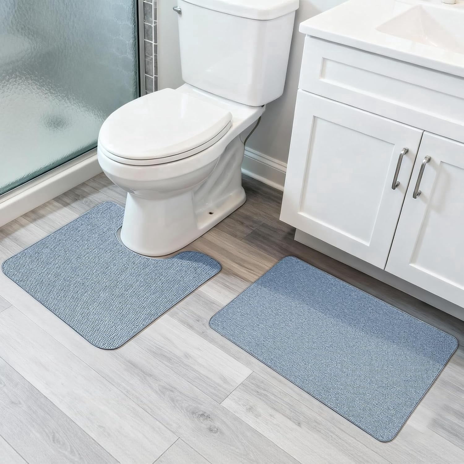 Bathroom Rug Set of 2, Toilet Rug, Quick Dry, Non-Slip, Machine Washable, Fit Under Doors, Absorbent Bathroom Rug（Blue 20" x 32"+20" x 24"，U）