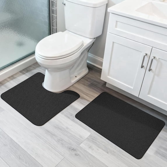 Bathroom Rug Set of 2, Toilet Rug, Quick Dry, Non-Slip, Machine Washable, Fit Under Doors, Absorbent Bathroom Rug(Black 20" x 32"+20" x 24",U)