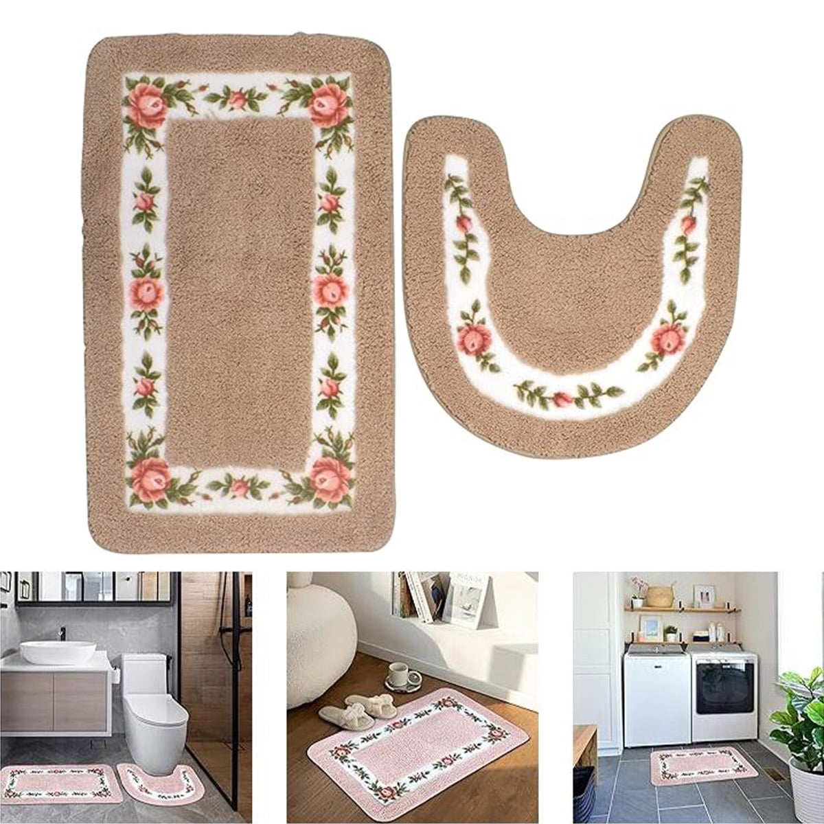 Bathroom Rug Set of 2PCS Floral Rose Bath Rug Washable NonSlip Toilet